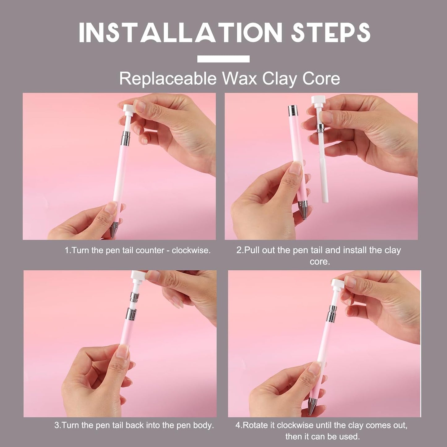 WOKOTO 1 PCS Nail Art Rhinestone Picker Pens With 1 Box Spare Silicone Clay Tool Pink&White Gradient Rotating Push Nail Diamond Art Painting Dotting Pen Refillable Wax Pen For Nails Gems Picker Tool