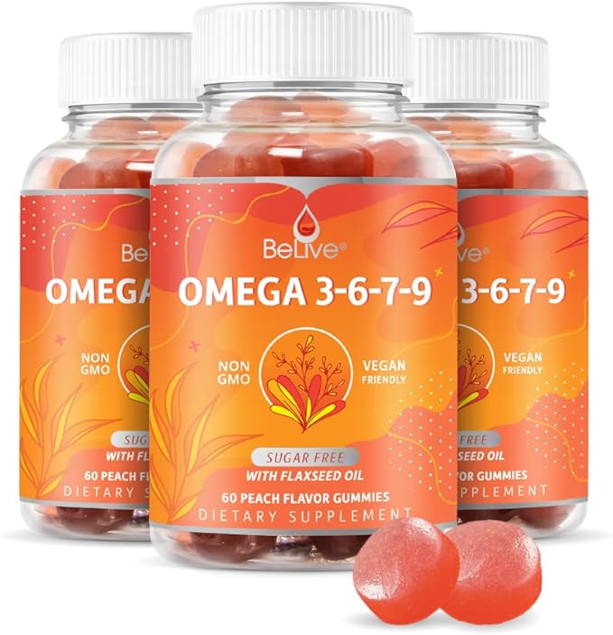 BeLive Organic Omega 3 Gummies - Omega 3 6 9 7 DHA & EPA from Flaxseed Oil & Sea Buckthorn Fruit Oil, Vegan Omega 3 for Kids & Adults, Full Body, Brain & Eye Support, Sugar Free – Peach | 3-Pack