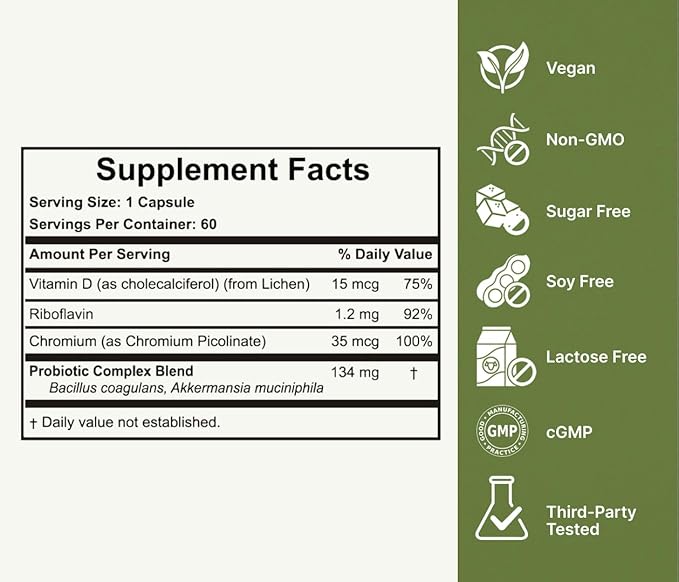 Akkermansia Muciniphila Probiotic for Weight & Gut Management - GLP-1 Boosting Supplement with Bacillus Coagulans, Vitamins B2, D3 & Chromium - SIBO Friendly, Vegan & Gluten Free - 120 Day Supply