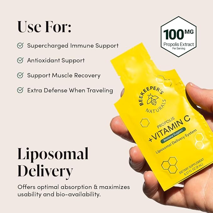 Propolis Liposomal Vitamin C by Beekeeper's Naturals, 1000mg Vitamin C, Propolis & Organic Honey, Supercharged Immune Support & Increased Bioavailibity for Max Absorption, 12 Ct