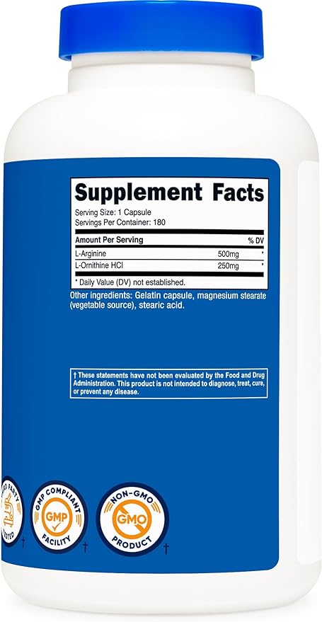 Nutricost L-Arginine L-Ornithine 750mg; 180 Capsules