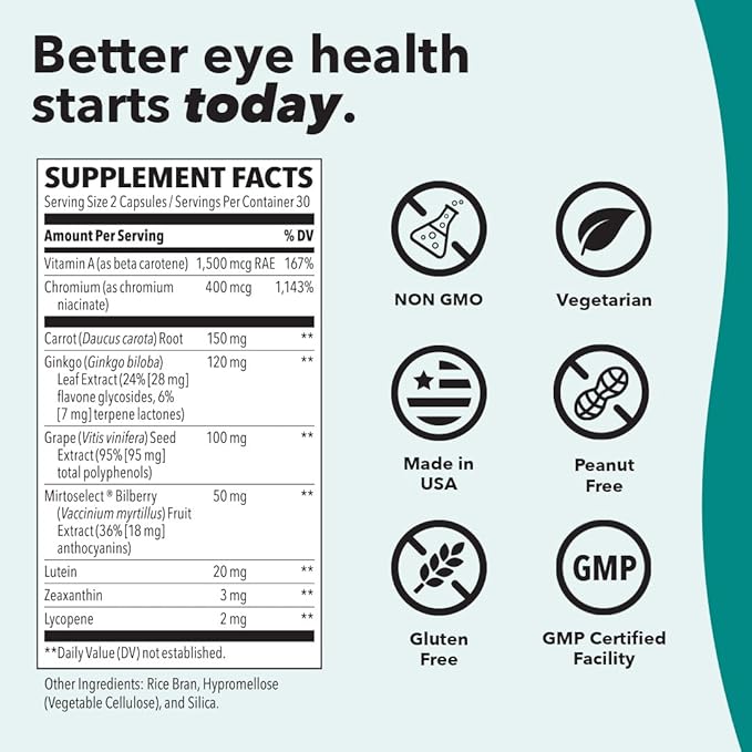 Visibili-T - Vitamin Supplement for Eye Health & Vision Support - Carrot Root, Chromium, Bilberry, Ginkgo Biloba, Grape Seed Extract, Lycopene, Vitamin A, Lutein & Zeaxanthin - 60 Capsules