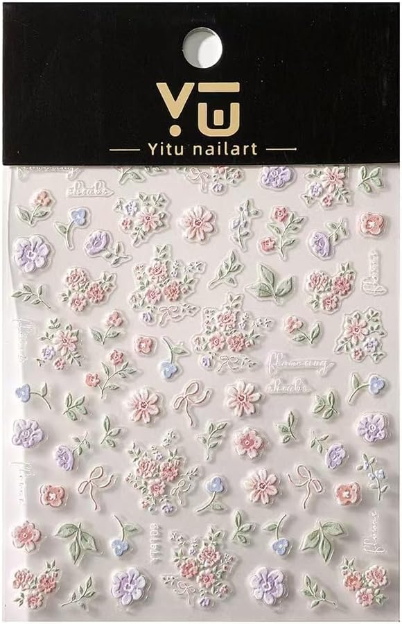 Flower Nail Stickers for Nail Art Colorful Nail Stickers Small Floral Nail Decals Self Adhesive 5D Embossed with Design Spring Manicure Supplies Charm for Women Girls Accessories