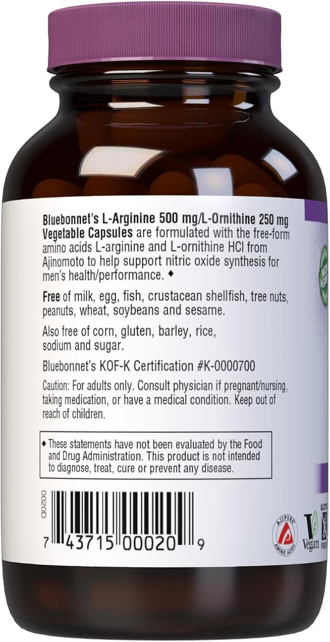 Bluebonnet Nutrition L-Arginine 500mg/L-Orinithine 250mg, Supports Protein Metabolism*, Soy-Free, Gluten-Free, Non-GMO, Kosher Certified, Vegan, 50 Vegetable Capsules, 50 Servings