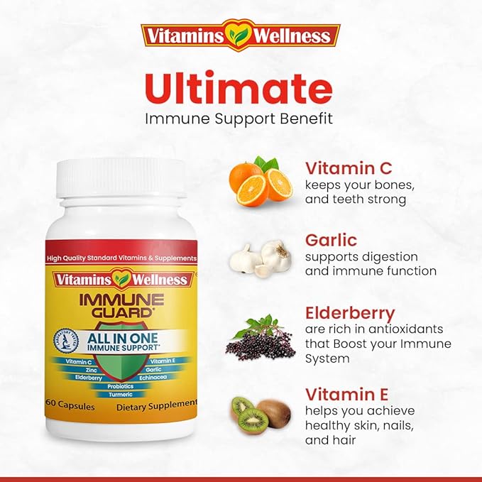 '-10 in 1- Made in USA Immune Support Supplement–Elderberry Immune Guard and Booster with Zinc and Vitamin C, Vitamin B6, Turmeric, Garlic, Echinacea 60 Count/1 Month Supply