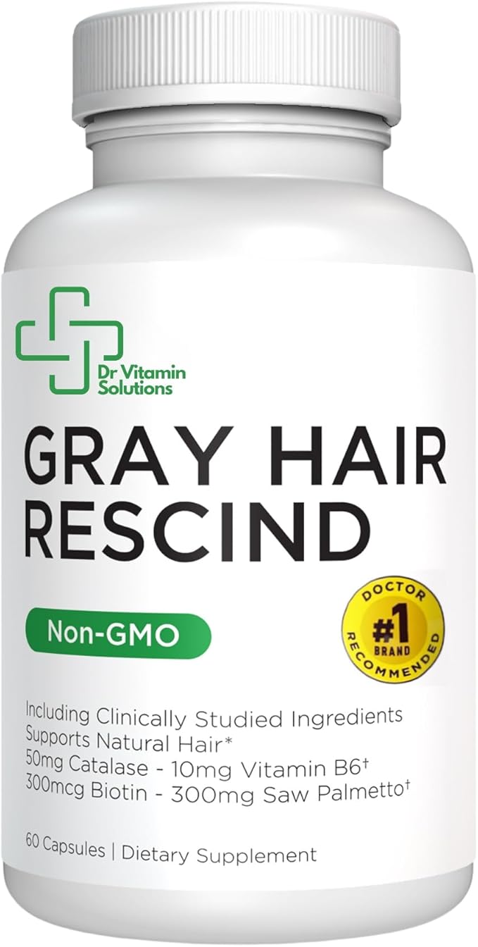 Gray Hair Rescind with Catalase - Antiaging Hair, Skin and Nails Vitamins, Pantothenic Acid, Folic Acid 400mcg, Biotin 300mcg, Saw Palmetto for Men and Women