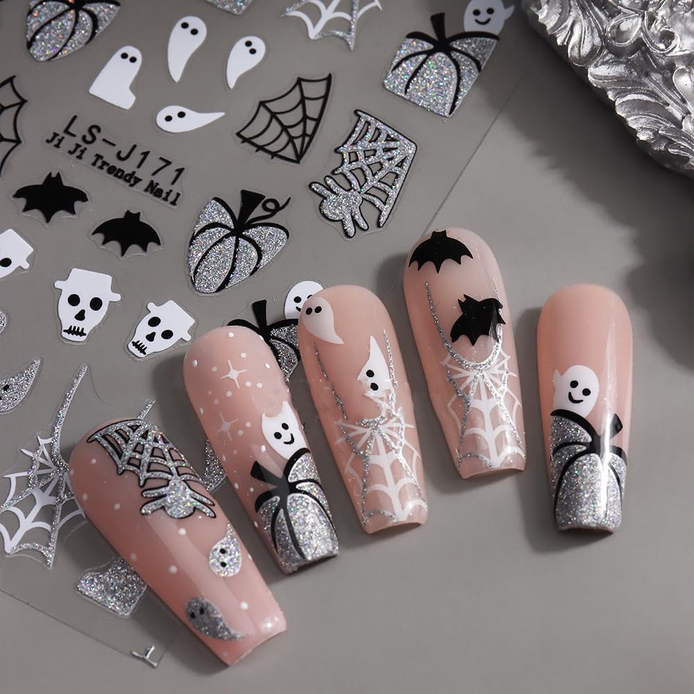 Halloween Nails Stickers Glitter Ghost Nails Sticker 3D Embossed Silver Gold Glitter Pumpkin Self Adhesive Sticker Nail Decals Web Nail Art Decal Halloween Decals for Nail DIY Manicure 4Sheet