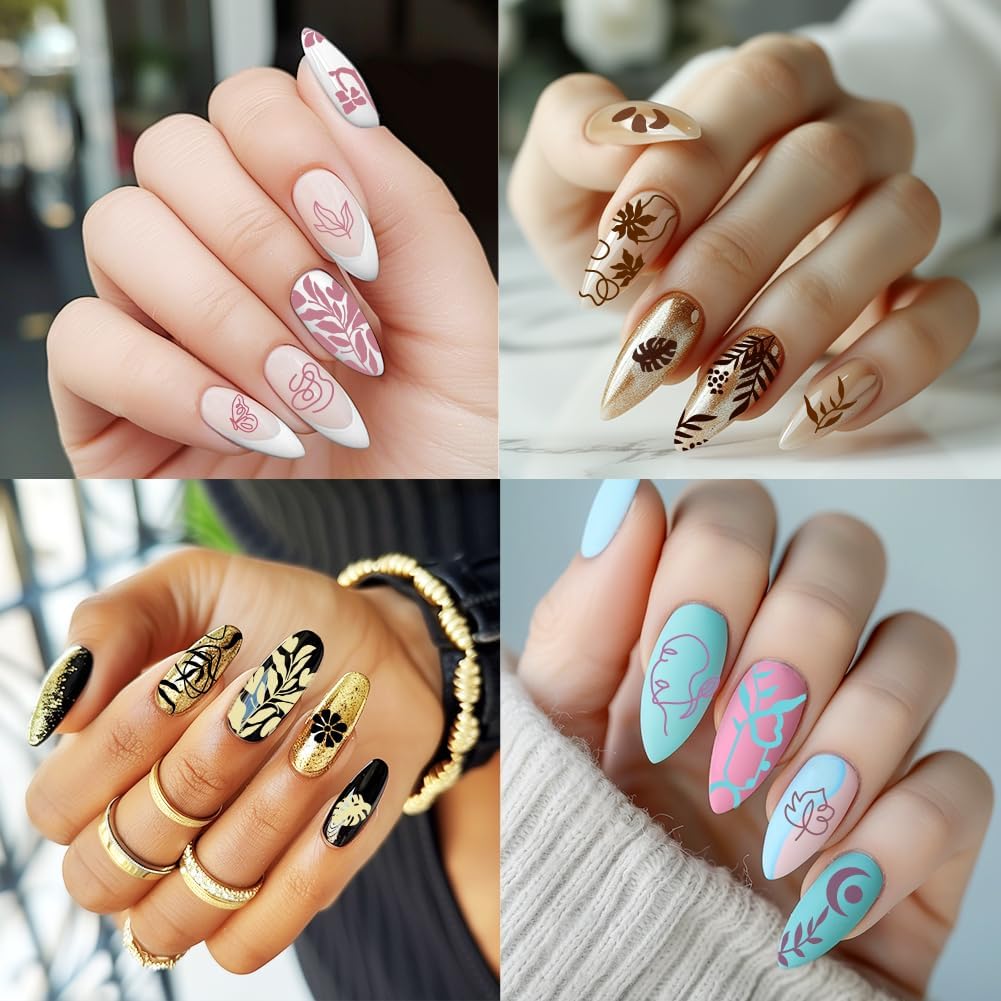 3Pcs Abstract Boho Nail Stamping Plate Set Nail Stamp Templates French Line Tip Lady Face Leaf Floral Metal Reusable Tools with Stamper Scraper for Manicure Printing