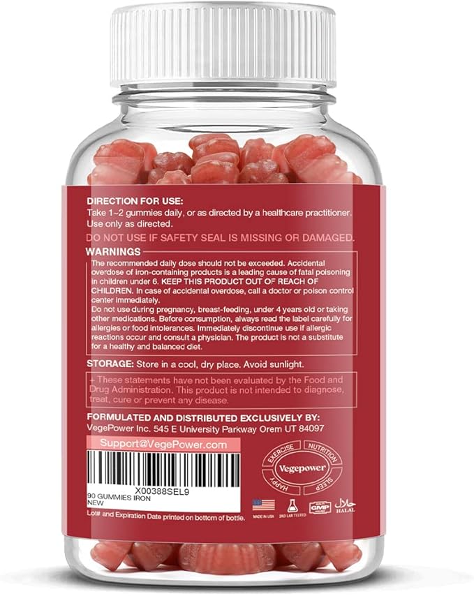 Vegan Iron Gummies Supplement - with Vitamin C, A, B-Complex, Folate, Zinc for Adults & Kids - Blood Builder & Energy Support for Iron Deficiency, Anemia, No After Taste - Peach Flavor (90 Ct)