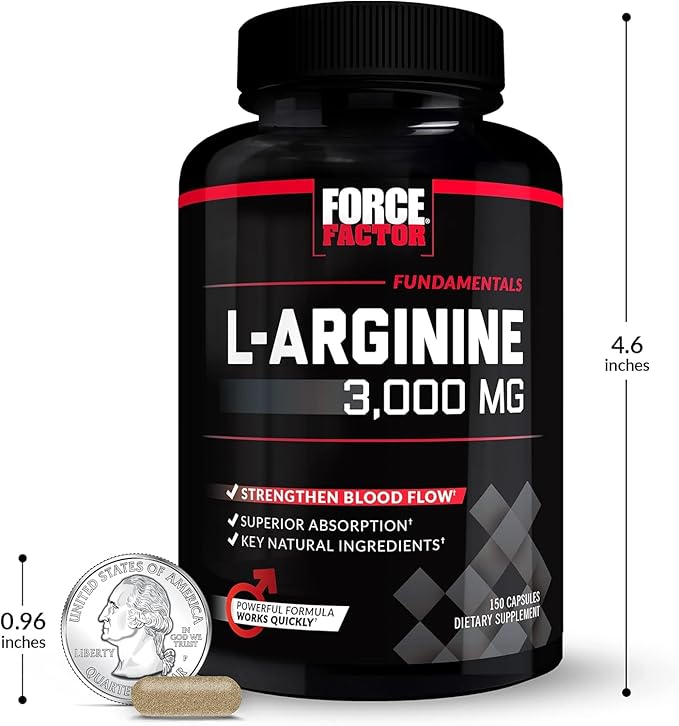 FORCE FACTOR L-Arginine Nitric Oxide Supplement with BioPerine to Help Build Muscle and Support Stronger Blood Flow, Circulation, Nutrient Delivery, and Pumps, L-Arginine 3000mg, 3g, 150 Capsules