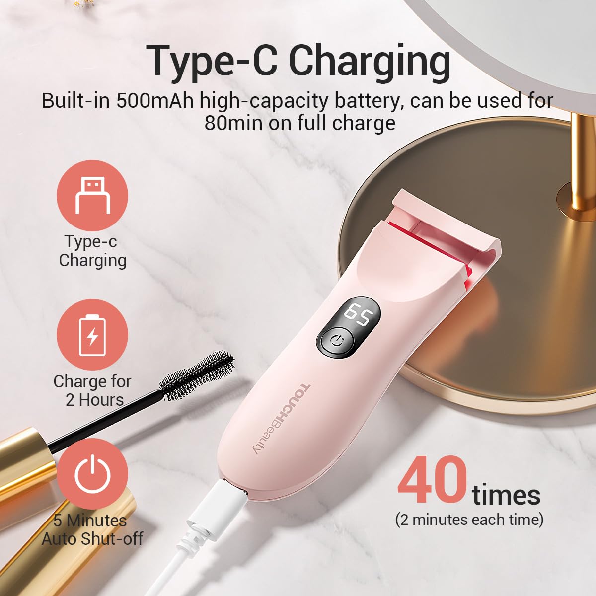 TOUCHBeauty Rechargeable Heated Eyelash Curler with LED Display, Featuring 3-Level Adjustable Temperature for a Natural, Long-Lasting Curl (Up to 24 Hours) AG-2316-Pink
