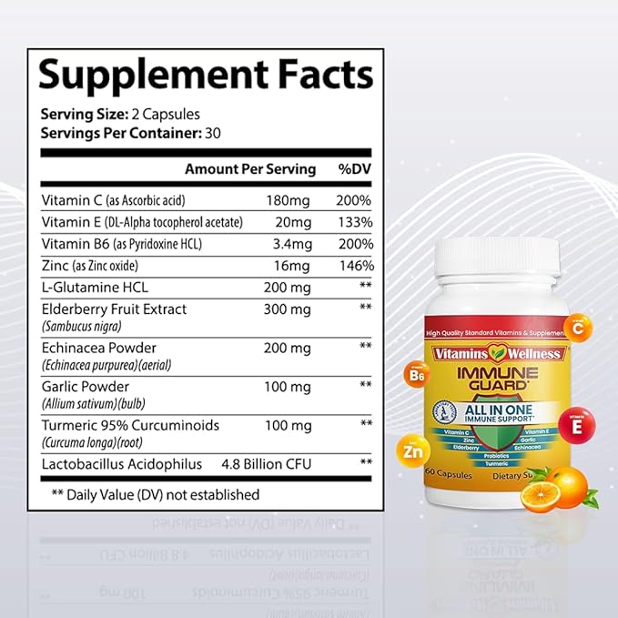 '-10 in 1- Made in USA Immune Support Supplement–Elderberry Immune Guard and Booster with Zinc and Vitamin C, Vitamin B6, Turmeric, Garlic, Echinacea 60 Count/1 Month Supply