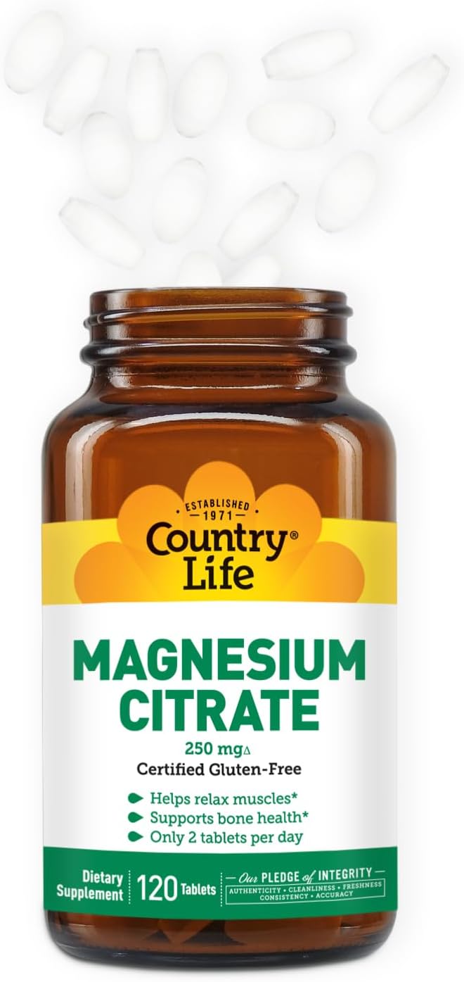 Country Life Magnesium Citrate - 120 Tablets - Supports Muscle & Nerve Function, Heart Rhythm, Healthy Immune System, Energy Production - Magnesium Citrate 250mg, Magnesium Complex Supplement