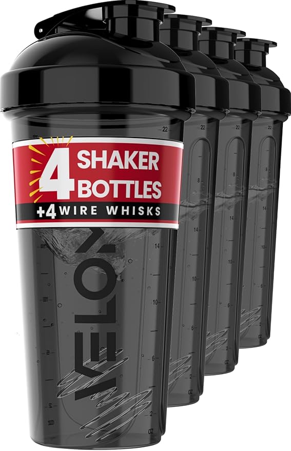 '-4 PACK- 28 oz Shaker Cups for Protein Shakes - 4x Wire Whisk | BPA-Free & Dishwasher Safe | Leak Proof Protein Shaker Bottles for Protein Mixes | Large Blender Shaker Bottle Pack (4 Black)