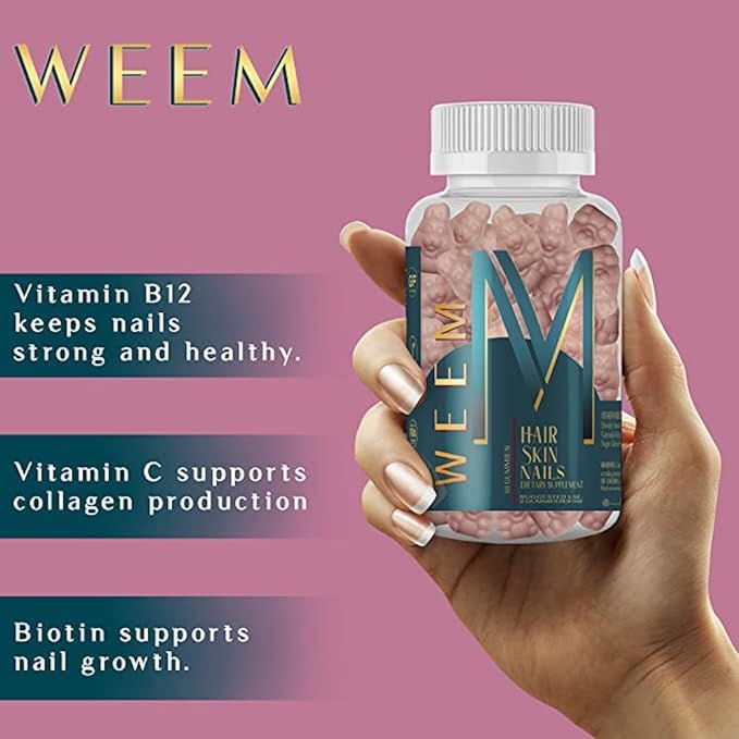 WEEM Hair Skin and Nails Gummies - Supports Healthy Hair - Vegan biotin Vitamins for Women & Men Supports Faster Hair Growth, Stronger Nails, Healthy Skin, Extra Strength (3)