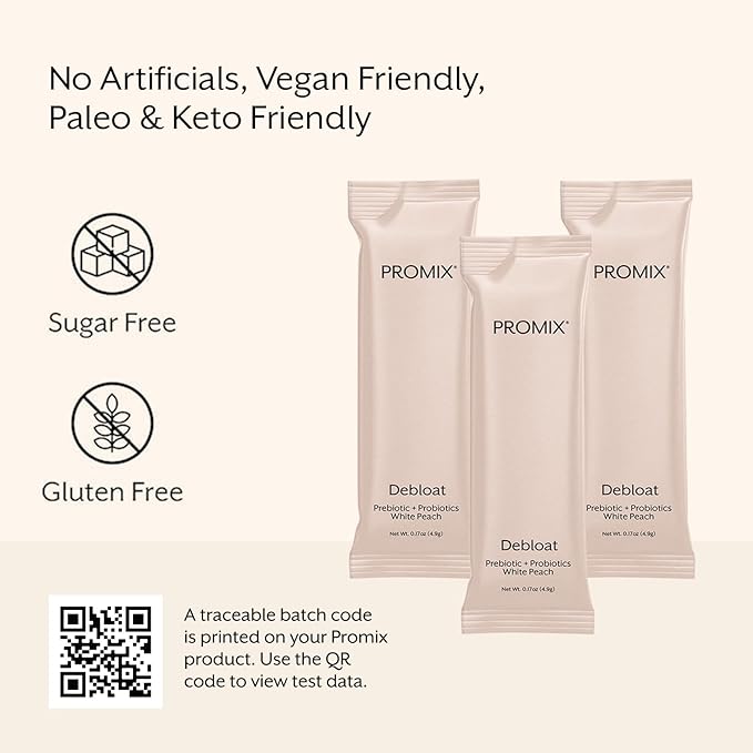 Promix Debloat Prebiotics and Probiotics for Digestive Health, Bloating Relief, Gut Health, Candida Cleanse - White Peach - 30 Count