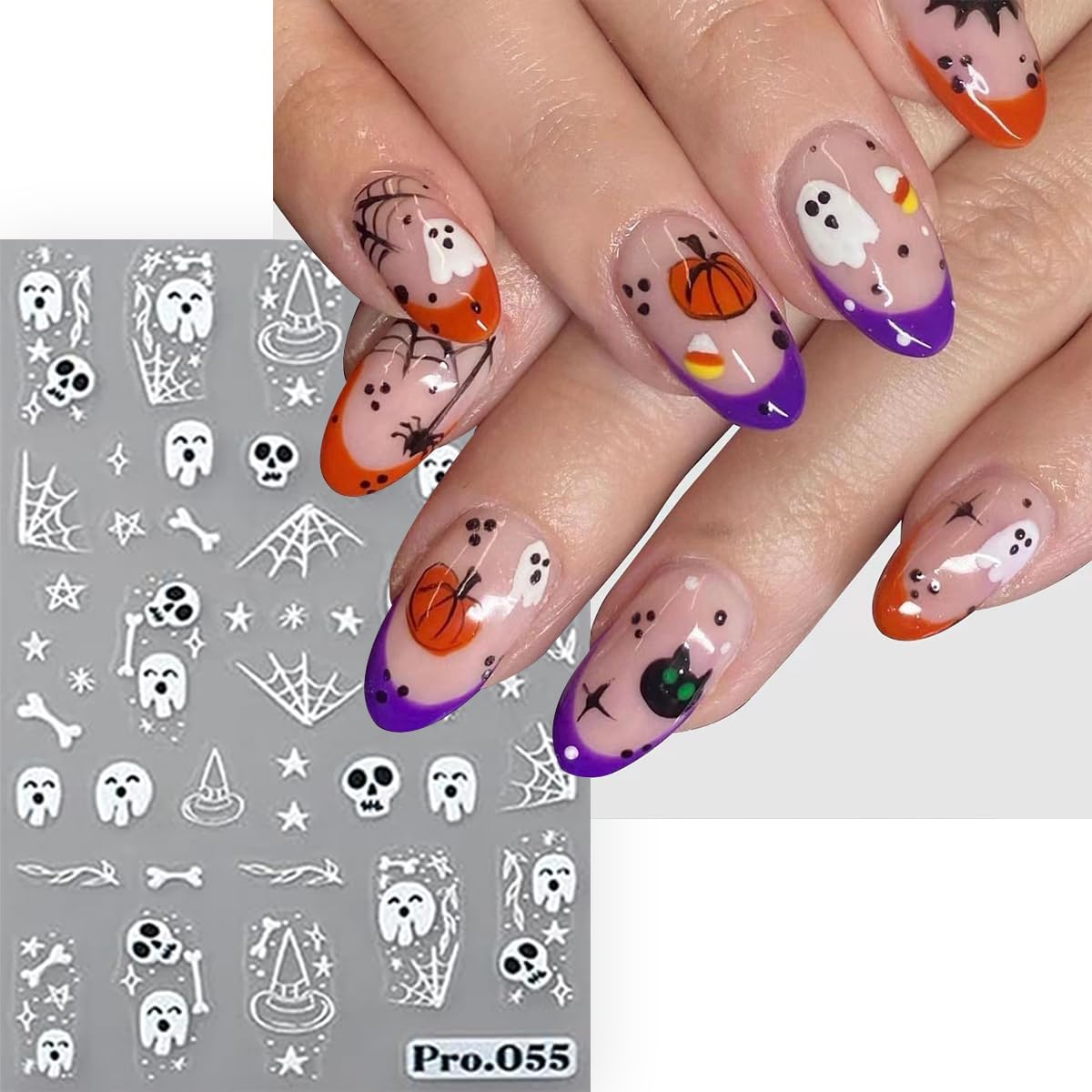 8 Sheets Halloween Nail Art Stickers Cute Ghost Nail Decals 3D Self-Adhesive Goth Skull Pumpkin Nail Stickers Halloween Acrylic Nail Art Decoration for Women Holiday French Nail Art Supplies