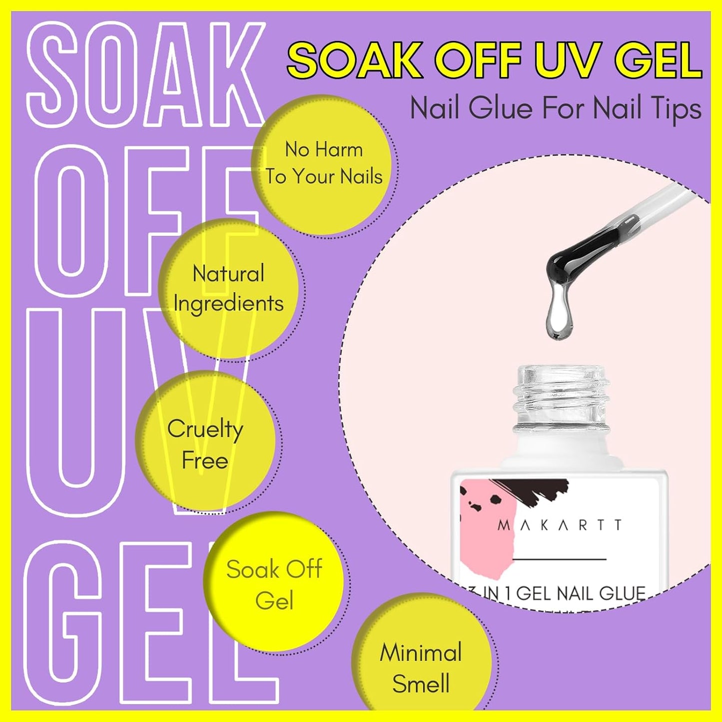 Makartt Gel Nail Glue: 3 in 1 Nail Glue Acrylic Nails Extension Super Strong Adhesive Bond Long Lasting Brush on Glues for Tips, Base Coat & Slip Solution, & Stick Rhinestone, Curing Needed, 2pcs 15ml