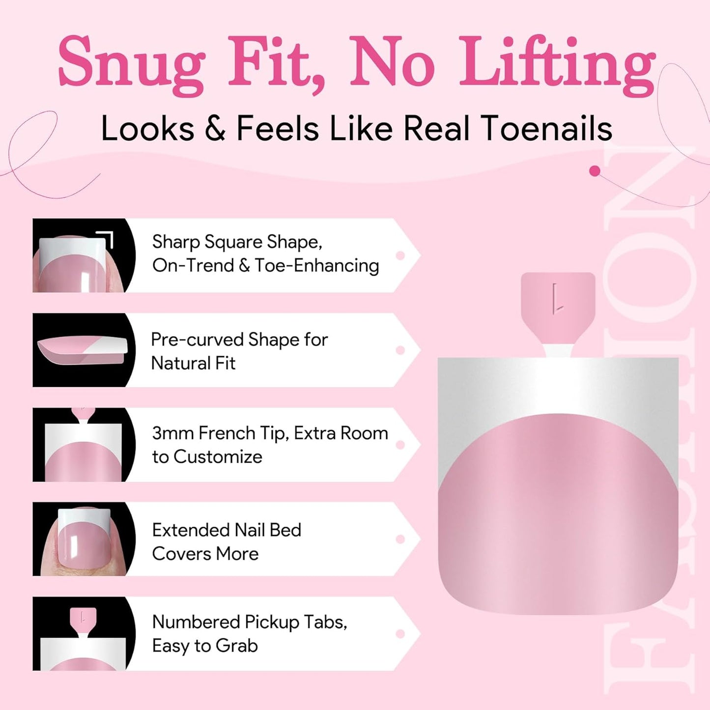 Press On Toenails for Women French Tips, Sharp Square Pre-applied Primer & Base Coat Toe Nail Press Ons Baby Pink Full Cover Fake Tips Extension 15 Sizes 270 Pcs, Builder Nail Gel & Top Coat Required