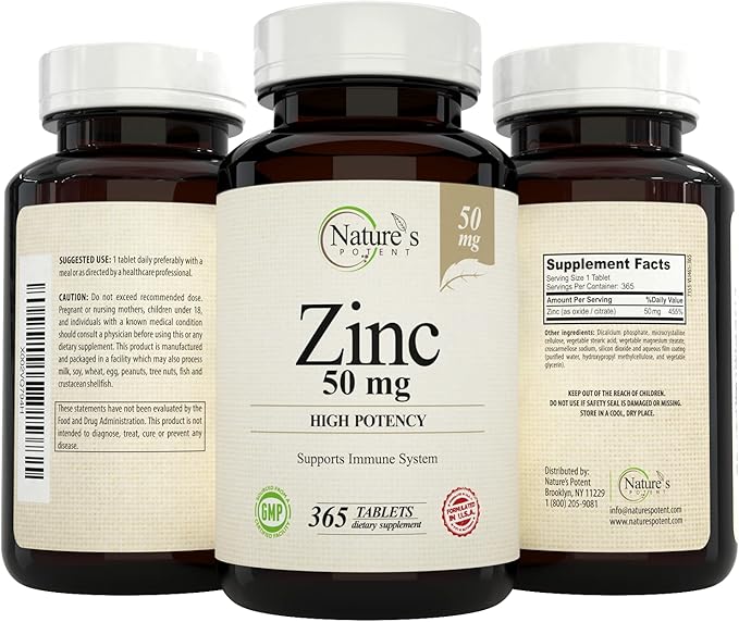 Nature's Potent Zinc 50 mg, Immune Support Supplement - High Potency for Maximum Immune & Antioxidant Health - Made in USA from Natural Zinc Oxide - 365 Tablets (1 Year Supply)