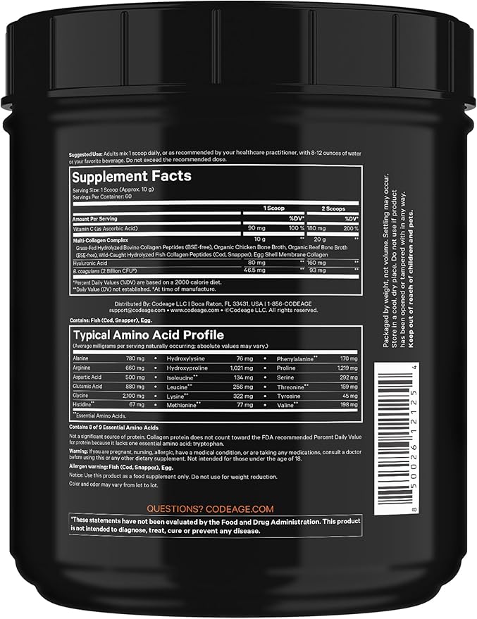 Codeage Multi Collagen Peptides + Probiotics Black Edition, Vitamin C, Hyaluronic Acid Powder Supplement, Grass-Fed, Pasture-Raised, Hydrolyzed, Zero Carbs, Type I, II, III, V & X, Unflavored, 21oz