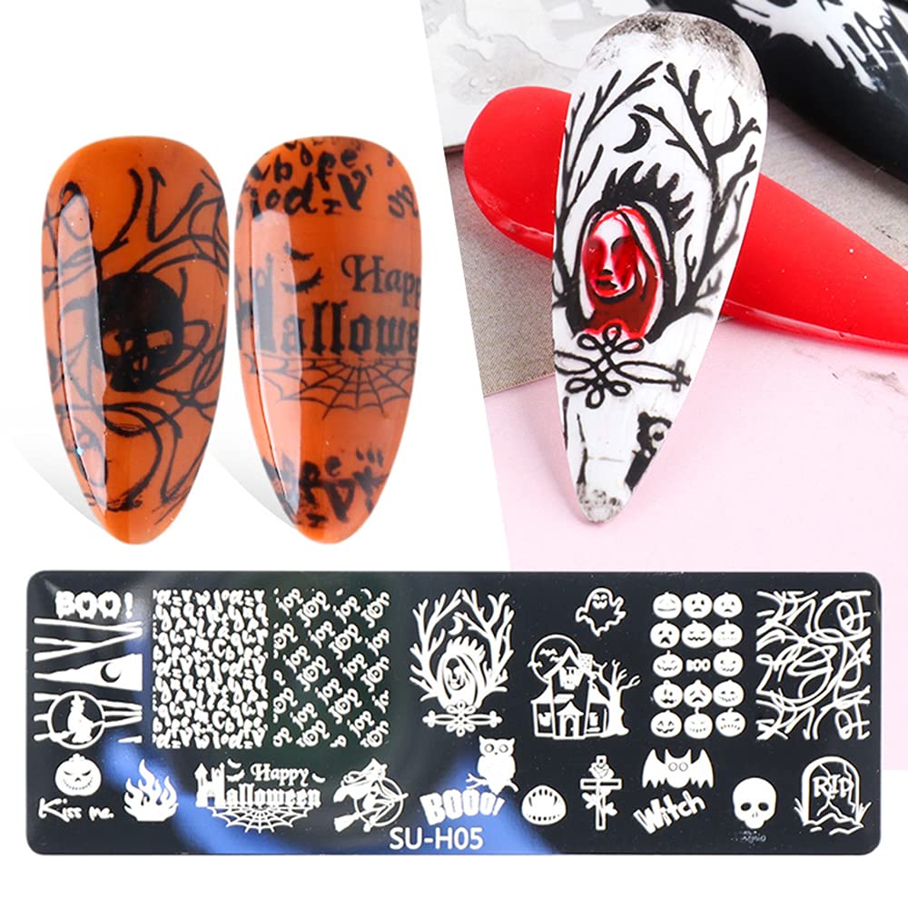 Halloween Nail Art Stamping Plates, 6 PCS Halloween Nail Stamper Kit Horror Ghost Skull Pumpkin Spider Witch Nail Art Stencils Plates Halloween Holiday Party Manicure Template Design Tool