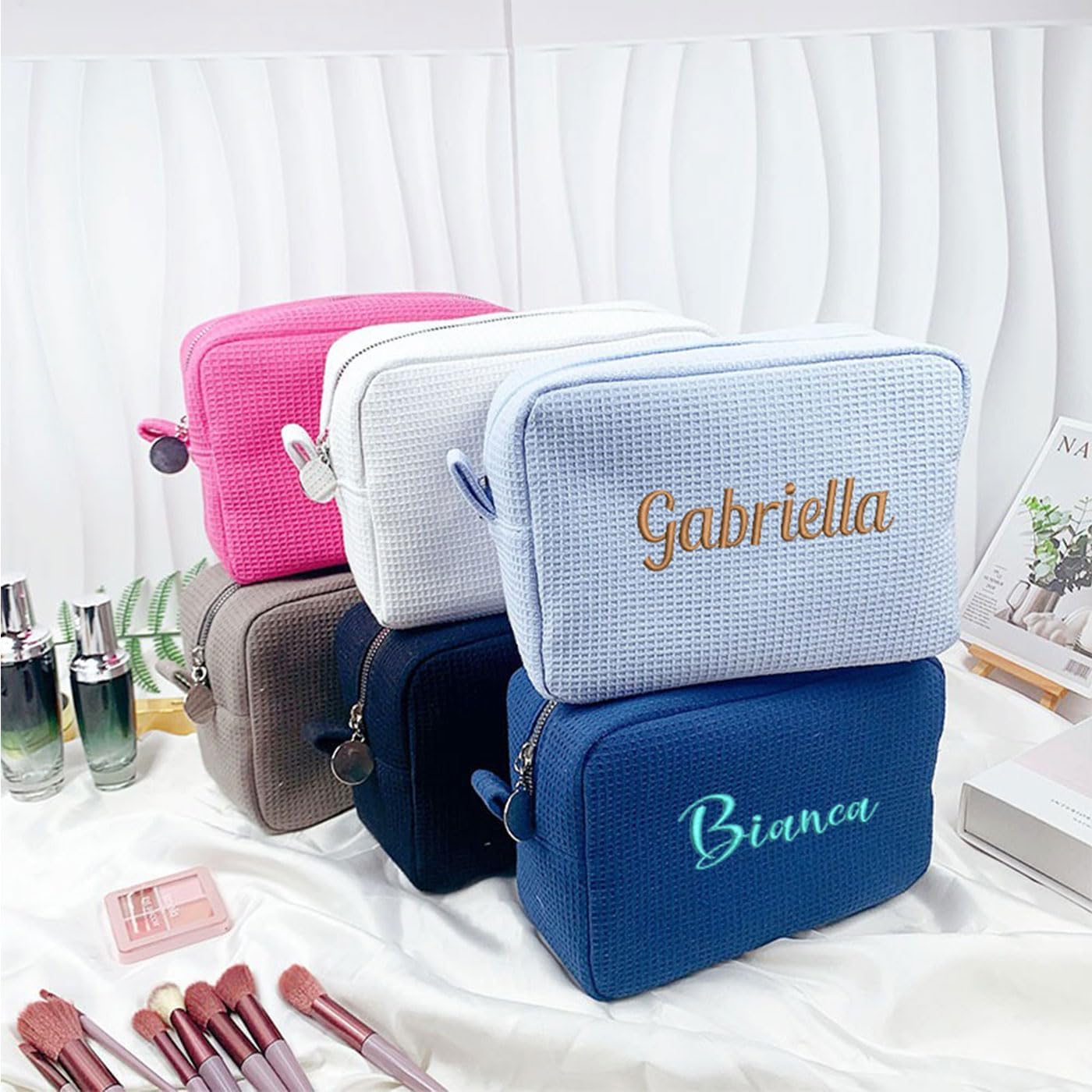 GOPHIE Personalized Embroidered Makeup Bag,Custom Waffle Fabric Cosmetic Pouch for Women, Travel Makeup Pouch (3, Hot Pink)