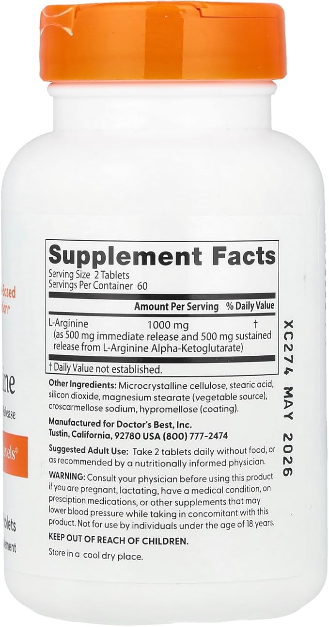 Doctor's Best Sustained Plus Immediate Release L-Arginine, Non-GMO, Vegan, Gluten & Soy Free, 500 mg, Tablet, 120 Count