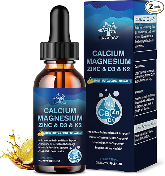 (2 Pack) 10 in 1 Magnesium Calcium Zinc Supplement with Vitamin C D3 K2, Glycinate Mag Vegan Liquid Drops Plus L-Theanine Boron Sea Moss Extract, Immune Support, Bone, Sleep & Leg Cramps, 1 Fl Oz