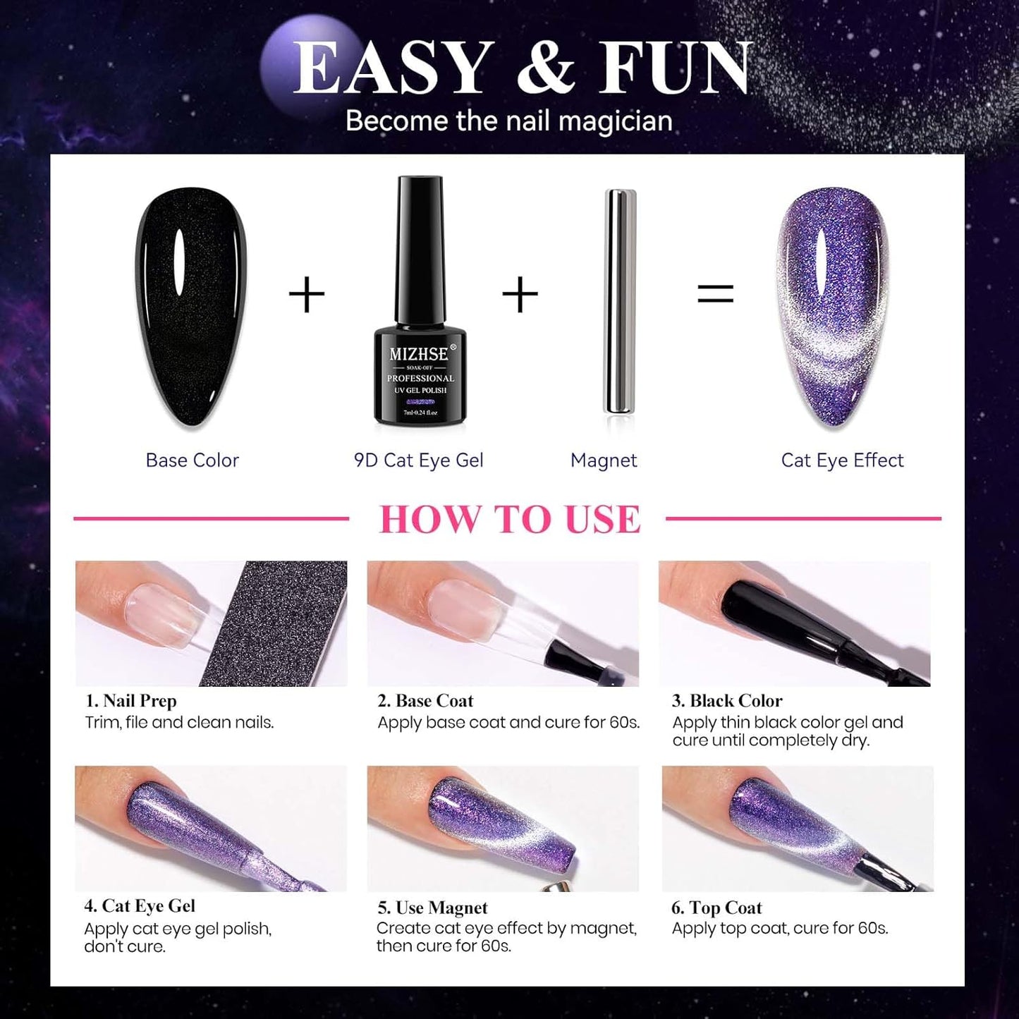 MIZHSE Cat Eye Gel Nail Polish, Aurora Purple Magnetic Gel Polish with Magnet Stick, Shiny Glitter Cateye Nail Gel Soak Off Nail Art Manicure Home
