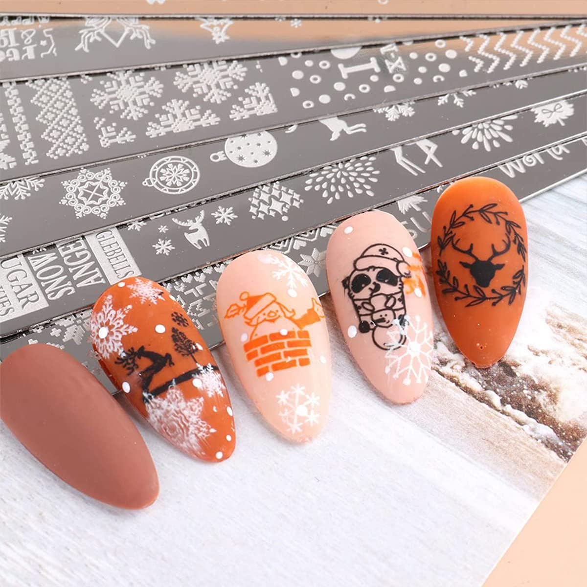 6Pcs Christmas Nail Stamp Template Kit 1 Silicone Stamper 1 Scraper Winter Snowflakes Nail Art Stamping Plates Xmas Snow Deer Bells Pine Tree Nail Stamping Image Stamp for Women Nail Art Supplies