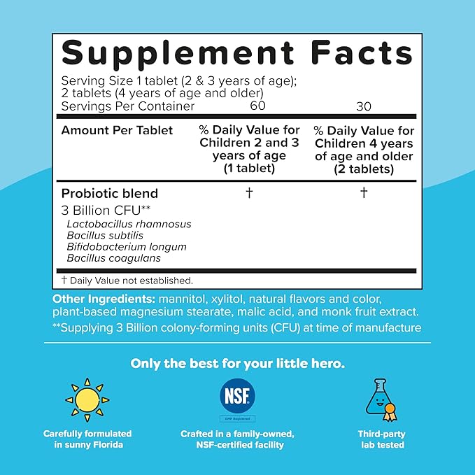 Renzo's Kids Probiotic - Dissolvable Probiotics for Digestive Health & Immune Support - 60 Cherry-Flavored Melty Tabs