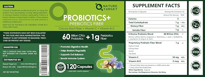 Probiotics for Women & Men Digestive Health with Prebiotic Fiber - Fiber Supplement with 60 Billion Probiotic for Regularity & Gut Cleanse - Supports Occasional Constipation - 120 Veggie Capsules