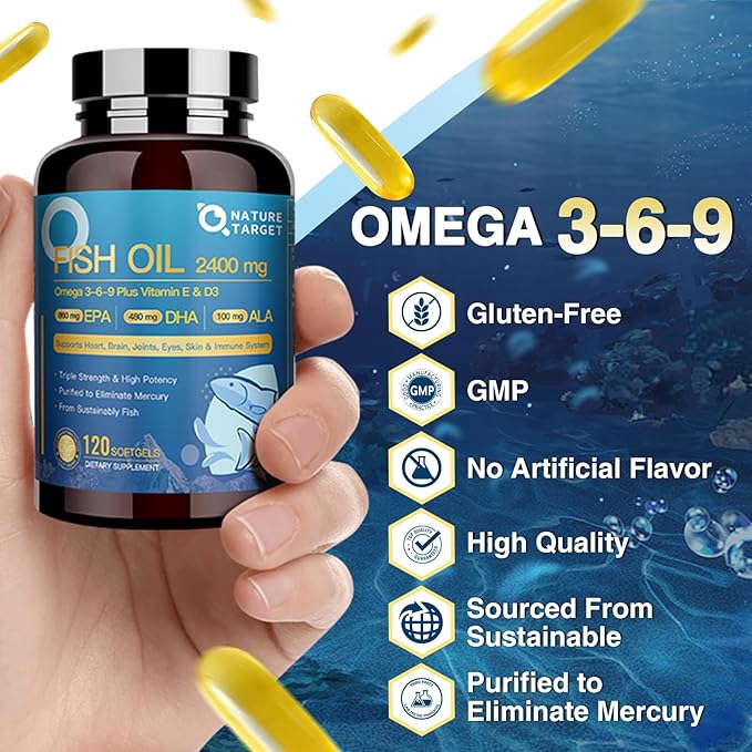 Triple Omega 3 6 9, Fish Oil 2400mg Softgels with Vitamin D3 & E - EPA & DHA & ALA - Supports Heart, Brain, Joint & Immune Health, Sustainably Sourced, Non-GMO