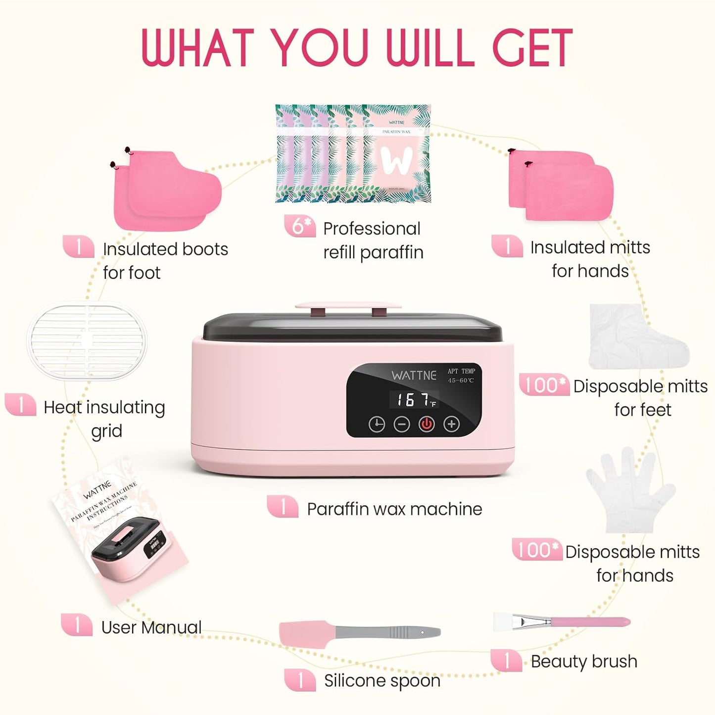 Wattne Paraffin Wax Machine for Hands & Feet – Paraffin Wax Warmer Moisturizing Kit with Auto-Timer & Precision Temperature Control, Paraffin Wax Bath for Arthritis, Dry Skin Care, Home Spa-Pink