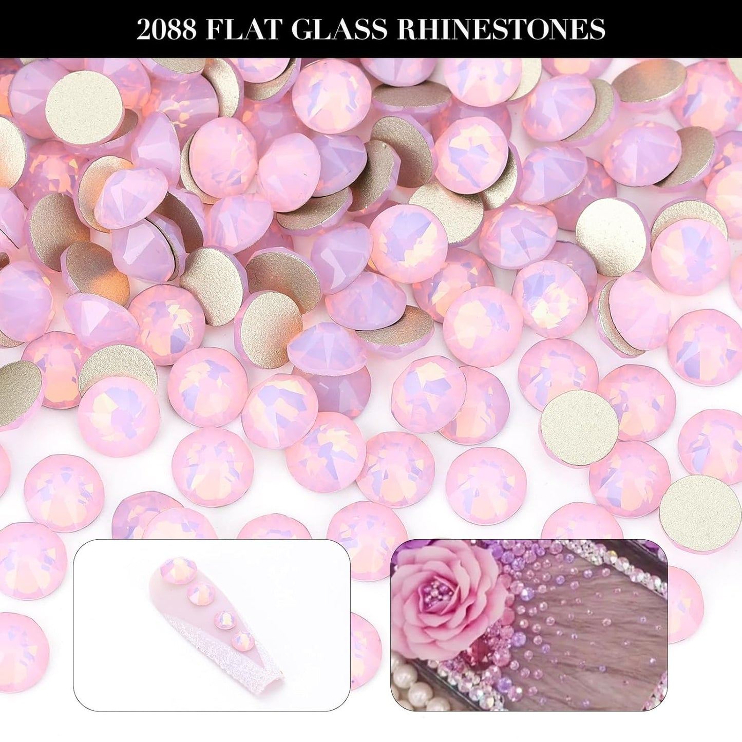 Novani Pink Opal Rhinestones 1440pcs Flat Back Round Rhinestone Style 2088 Sparkly Crystal Gemstones for Nail Art and Crafting SS16,3.8-4.0mm
