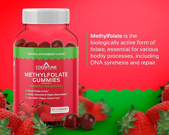 CogniTune Methylfolate Gummies - Easy to Take High Potency L-Methylfolate, Folate Supplement for Brain, Heart Health & Immunity, Delicious Strawberry Flavor, Non-GMO, Vegan, Gluten-Free