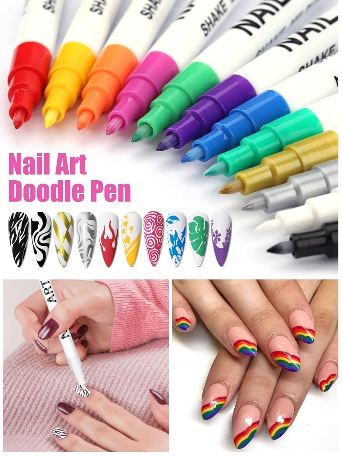 12 Color 3D Nail Art Pens Set, Kalolary 0.7mm Nail Point Graffiti Dotting Pen Drawing Painting Liner Brush for DIY Nail Art Beauty Adorn Manicure Tools