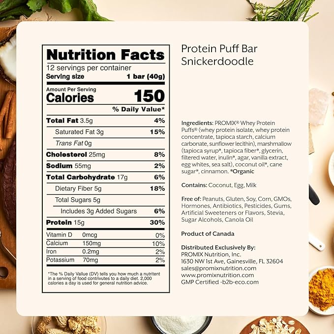 Promix Protein Puff Bars, 12-Pack - Snickerdoodle - Marshmallow Crispy Treat - Great Tasting & Healthy On The Go Snack - High Protein & Low Calorie - Non-GMO & Free From Gluten, Soy, & Corn