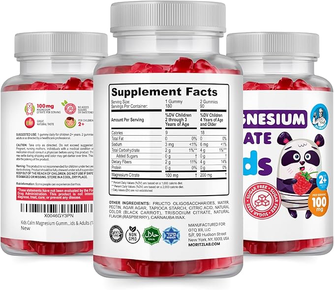 DR. MORITZ Sugar-Free Calm Magnesium Gummies for Kids and Adults - Kids Magnesium Gummies - Magnesium Citrate Gummies (180 Count (Pack of 1), Raspberry)