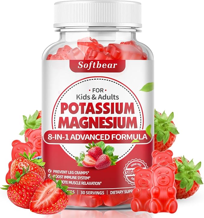 softbear Potassium Gummies for Adults, High Absorption Magnesium Potassium Supplement with Vitamin B6 for Leg Cramps & Muscle Health Sugar-Free Vegan Strawberry 60 Gummies