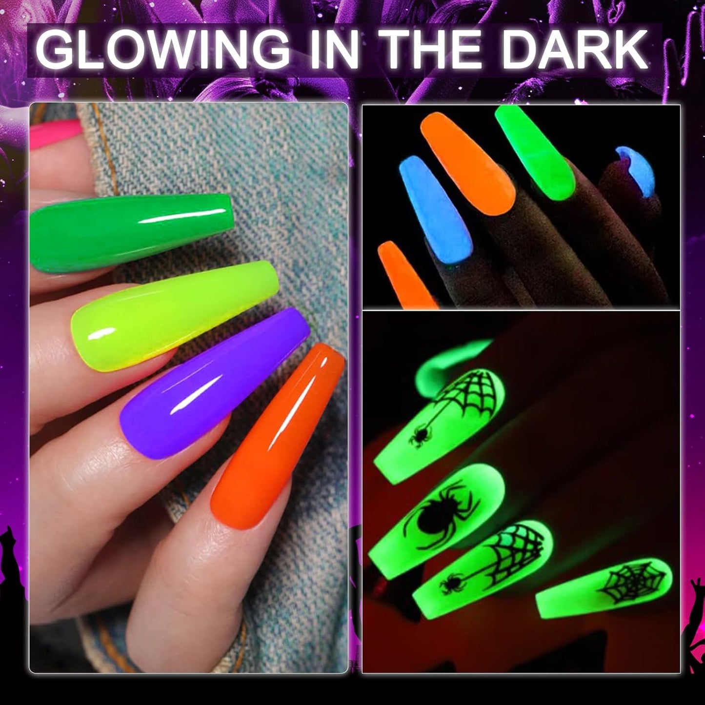 Honey Joy Dip Powder Nail Kit Starter, 4 Colors Glow in Dark Neon Dipping Powder Liquid Set for Halloween Xmas Club Black Light Fluorescent Birthday Masquerade Party Supplies, Dip-7pcs-No.19