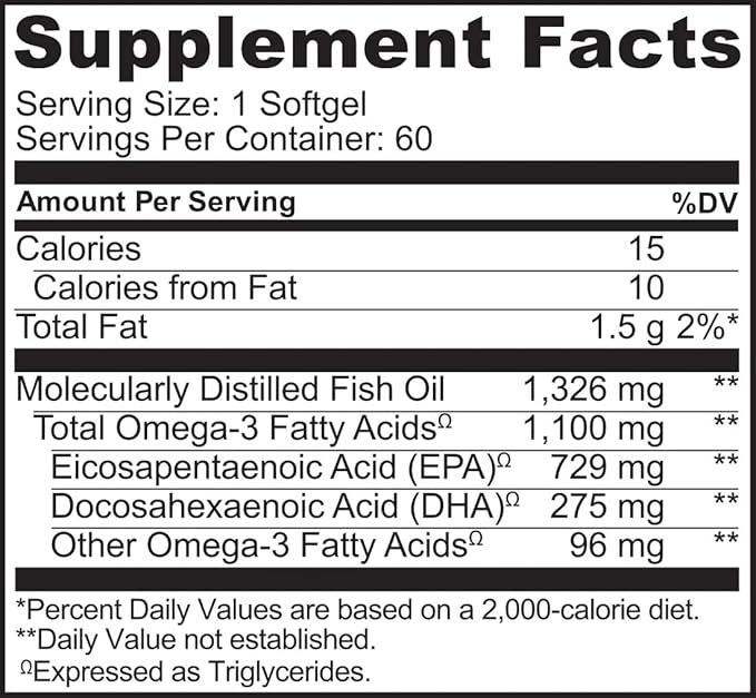 NATURELO Burpless Omega 3 Fish Oil Supplement - 1100mg Triglyceride Omega-3, EPA + DHA, Liquid Fish Oil Omega 3 for Heart, Eye, Brain, Joint Health - 60 Softgels, 2 Months Supply