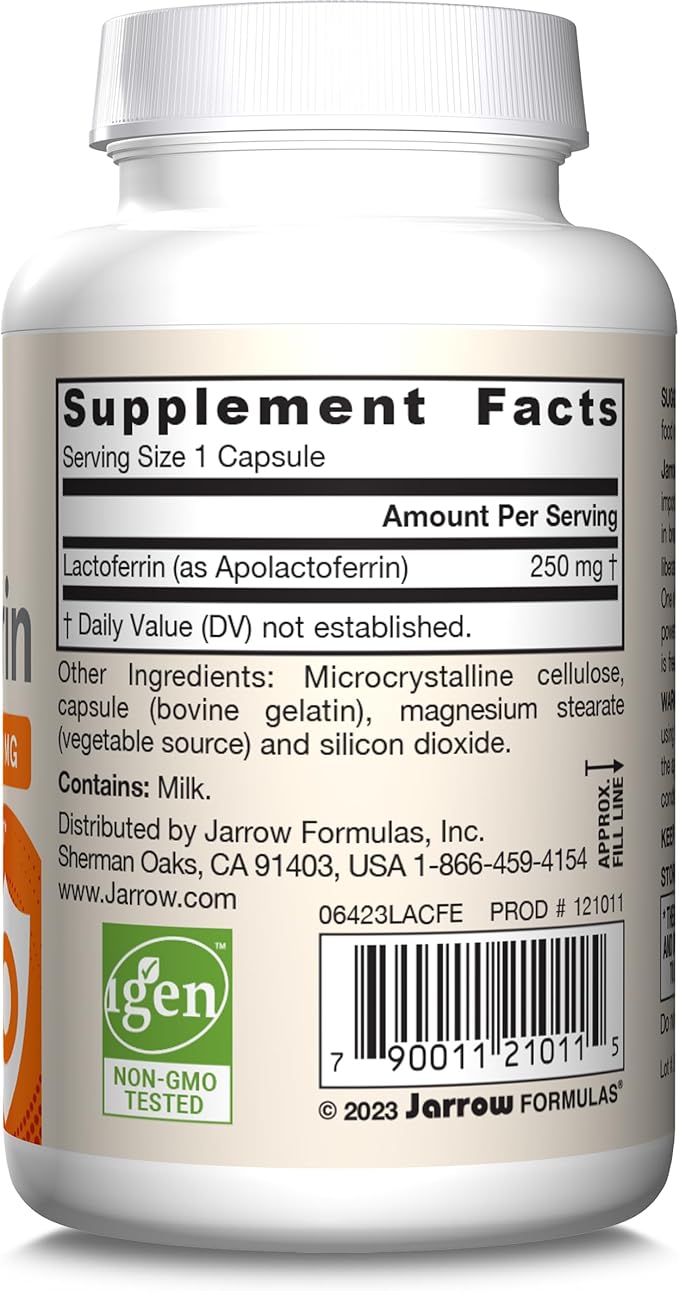 Jarrow Formulas Lactoferrin 250 mg - Immune-Supporting Glycoprotein - For Healthy Immune System Support & Iron Absorption - Freeze Dried - Gluten Free - Non-GMO - 60 Capsules (Servings)