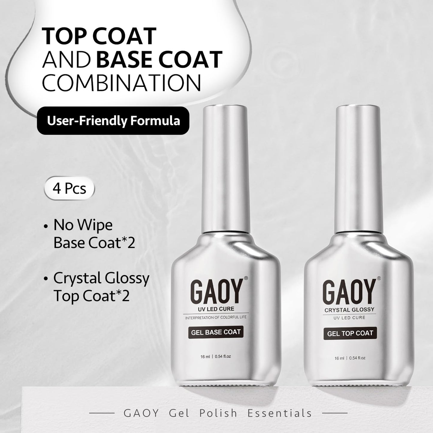 GAOY 16ml 4 Pcs Glassy Gel Top Coat and Base Coat Set, No Wipe Foundation Combination for UV Light Cure Nail Polish