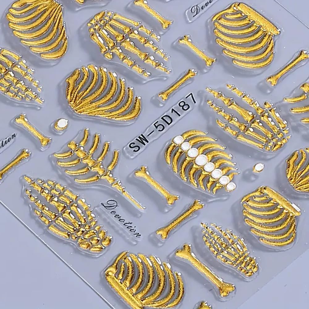 2 Sheets 5D Embossed Skull & Bone Nail Decals for Nail Art Self-Adhesive Halloween Nail Stickers Pink Hand Bone Rose Flower Nail Art Stickers Scary Gold Bones Design Decals for Women Nail Accessories