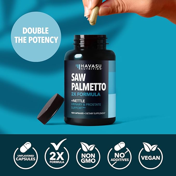 Saw Palmetto with Stinging Nettle Extract - 2X Formula Saw Palmetto Prostate Support Supplement for Men's Health - DHT Blocker for Men to Support Hair, Bladder and Prostate Health - 2 Month Supply