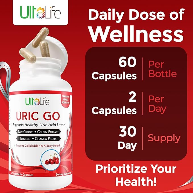 #1 URIC GO Uric Acid Cleanse Support Supplement for G.O.U.T - Natural Kidney Cleanse Detox Formula Chanca Piedra, Celery Seed, Tart Cherry, Cranberry, Pomegranate, Turmeric, Vegan Non-GMO 60 Capsules
