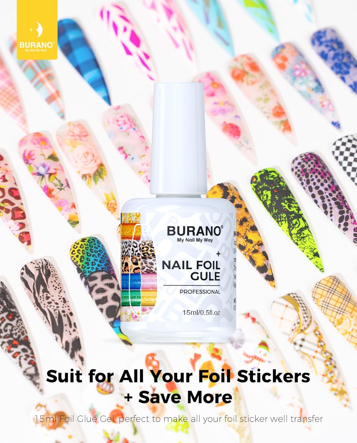 BURANO Nail Art Nail Foil Glue Gel, o.5 oz with 10PCS Foil Stickers Set Nail Foil Glue for Nails Foil Transfer Gel, Nail Design DIY UV LED Lamp Required (Animal Foil 06)