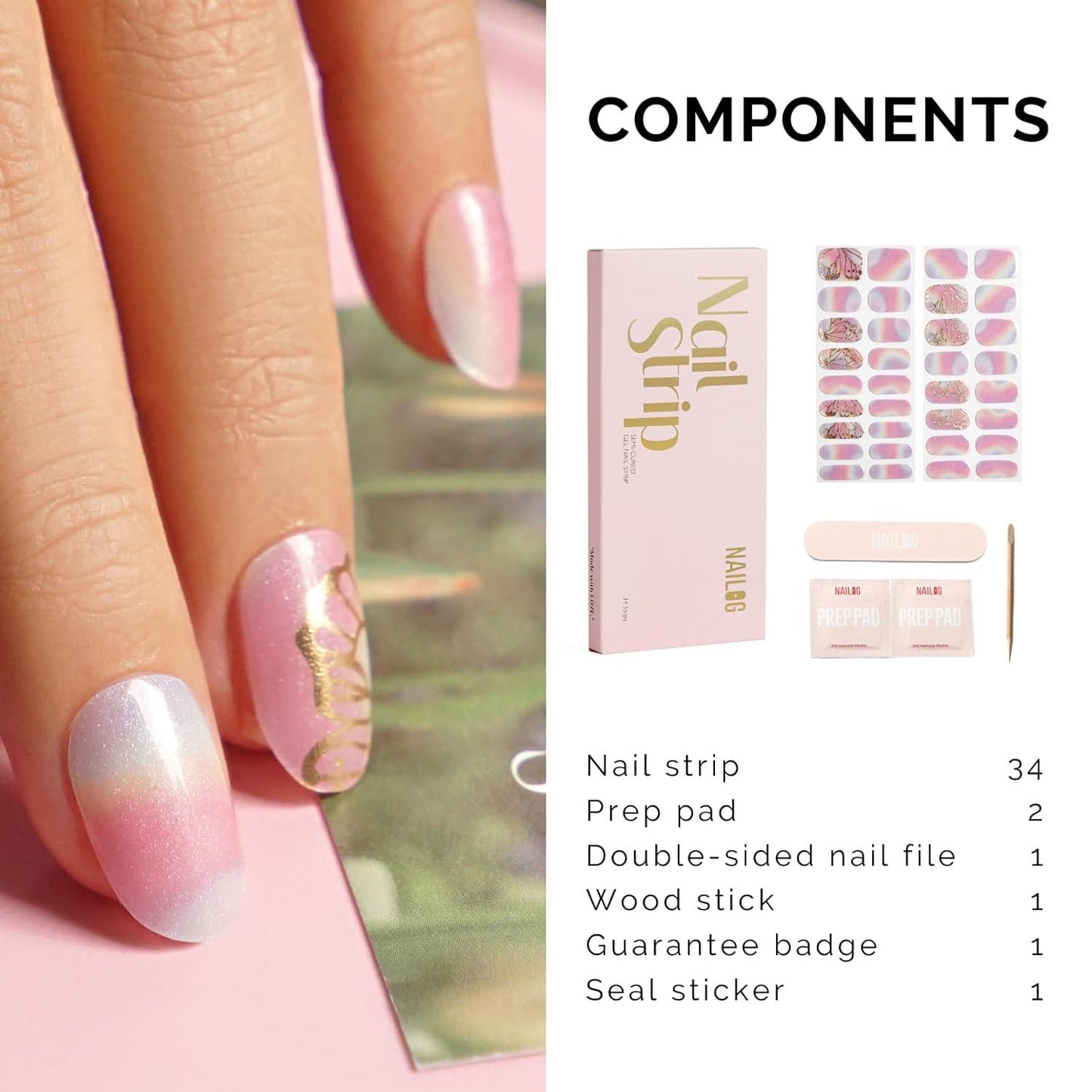 Semi Cured Gel Nail Strips - NAILOG 34 Pcs Rainbow Butterfly Gel Nail Stickers Pink Extra Long Nail Wraps with Glossy Gel Finishing for Spring Summer, Flying Wings